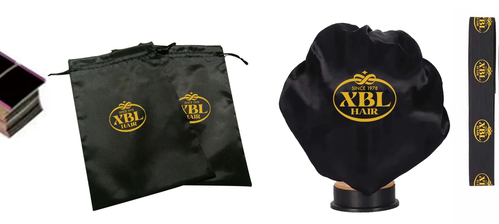 XBL Hair custom labels, satin bags, bonnets and bands